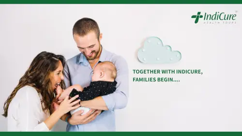 A joyful and diverse family playing with their baby. A tagline at the bottom of the image reads, "Together with IndiCure, families begin...," symbolizing the successful and happy outcome of a fertility journey.